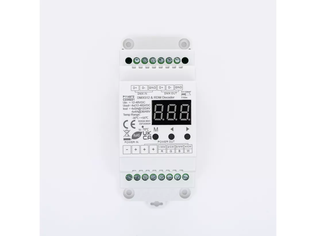 Décodeur DMX512 & RDM 12-24V DC CCT/RGB/RGBW Rail DIN 4 Canaux RGBW