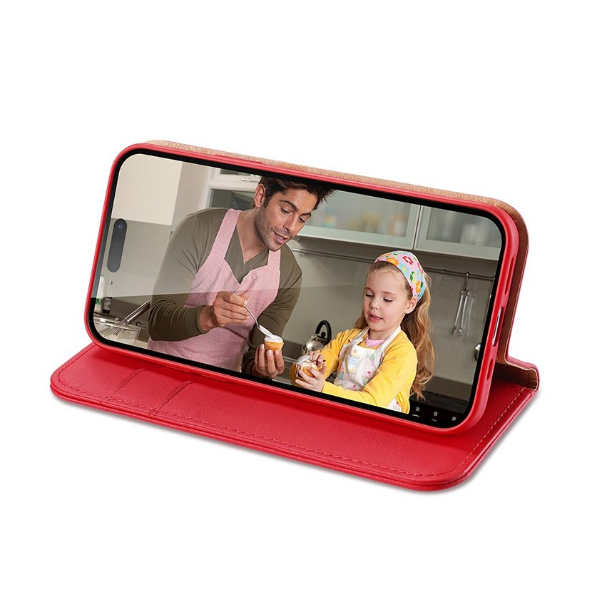 iPhone 15 Pro Max Flip Wallet Cover Echtleder Tasche (RFID Schutz) - Rot