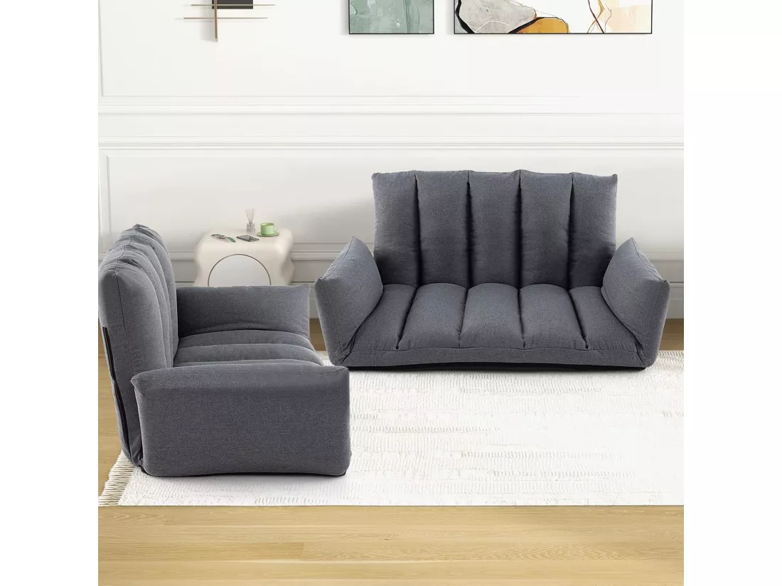Canapé au Sol Pliable et Inclinable, Siège Rembourré avec Dossier et Accoudoirs Réglables à 5 Positions, Canapé Convertible, Cadre en Métal Robuste, pour Salon de Jeu, Chambre, Gris