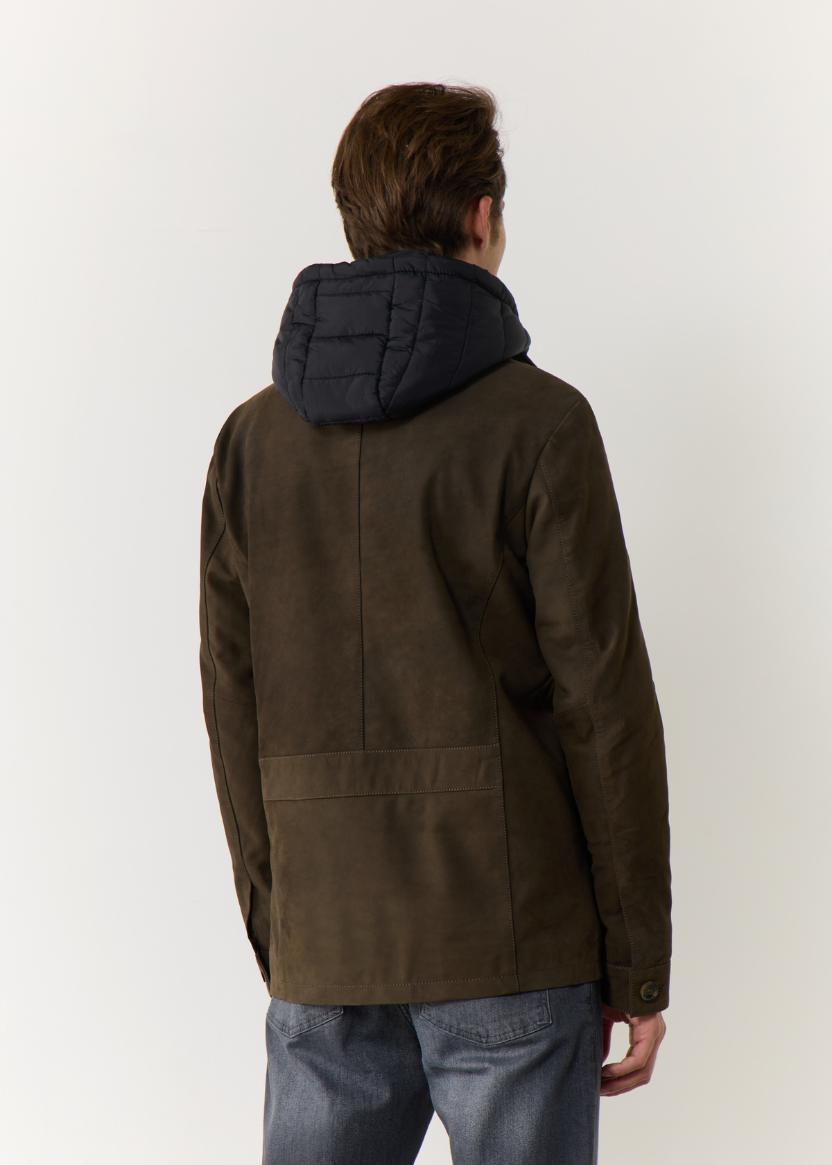 Parka en cuir nubuck uni kaki à capuche amovible