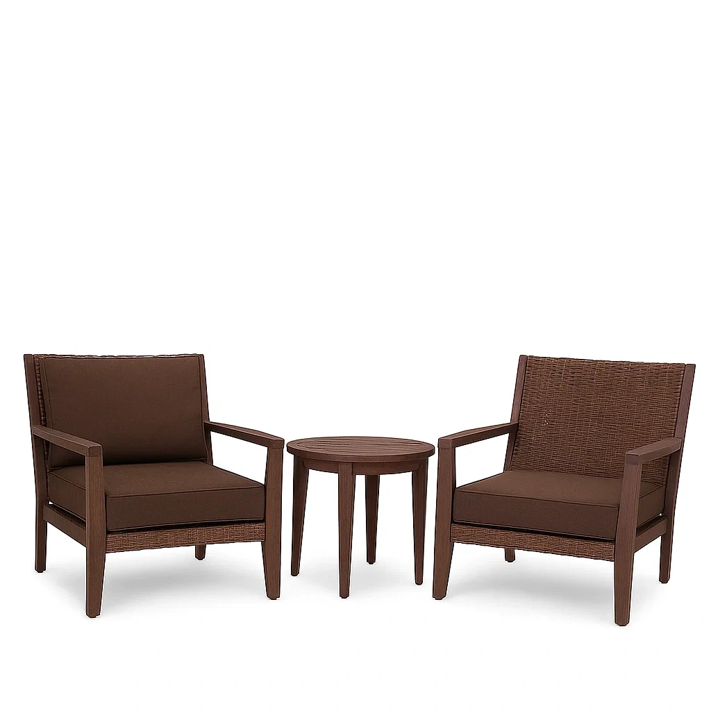 Ensemble de mobilier de jardin en bois et rotin avec 2 fauteuils et table ronde marron