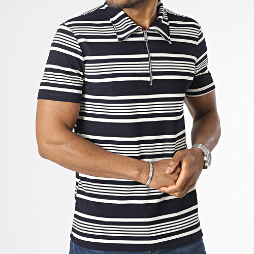 Polo Manches Courtes Col Zippé A Rayures Bleu Marine