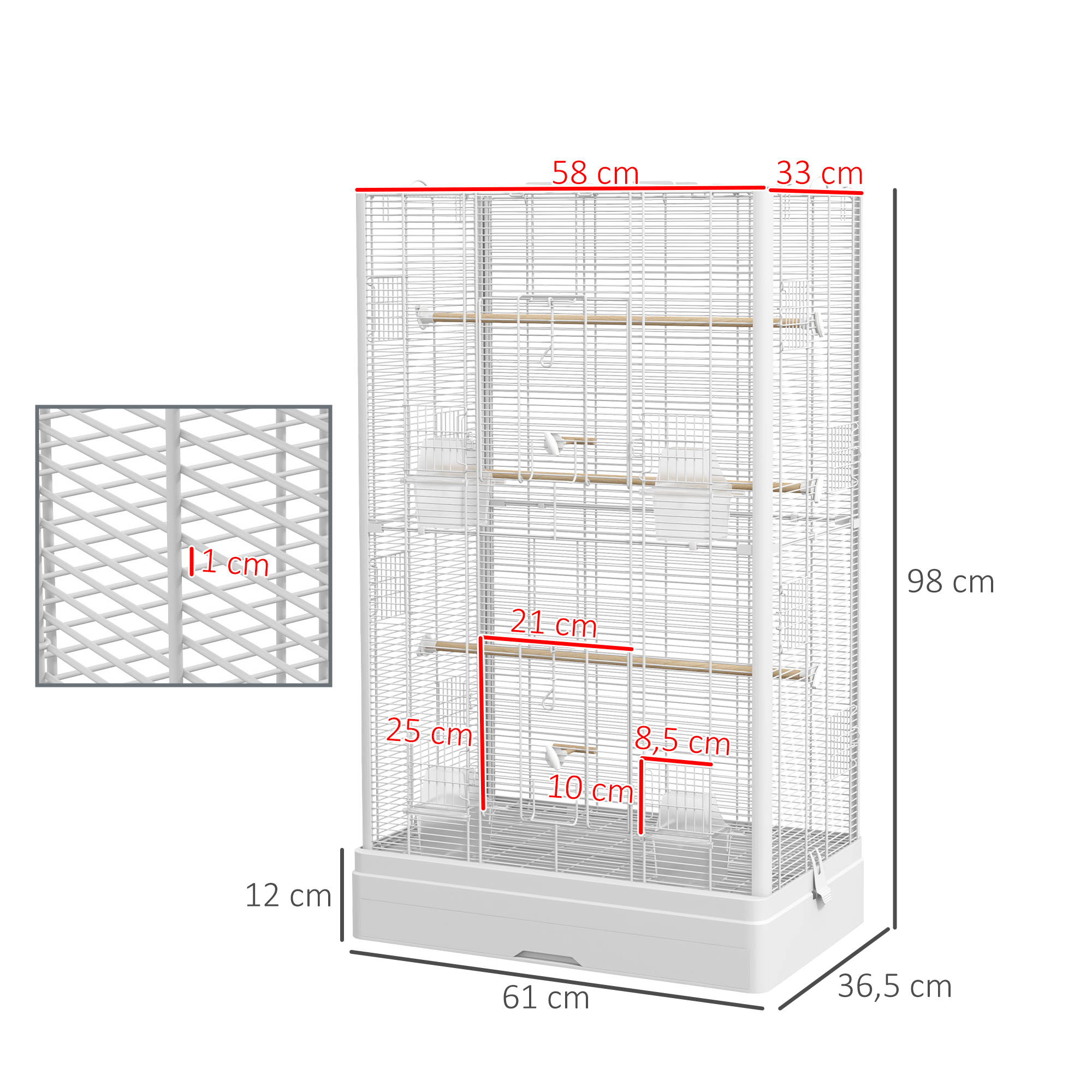 Gaiola PawHut para pássaros, 61x36,5x98 cm, com portas, poleiros, bandeja removível, comedouros e alças. Ideal para calopsitas, periquitos, canários e canários. Cor branca.