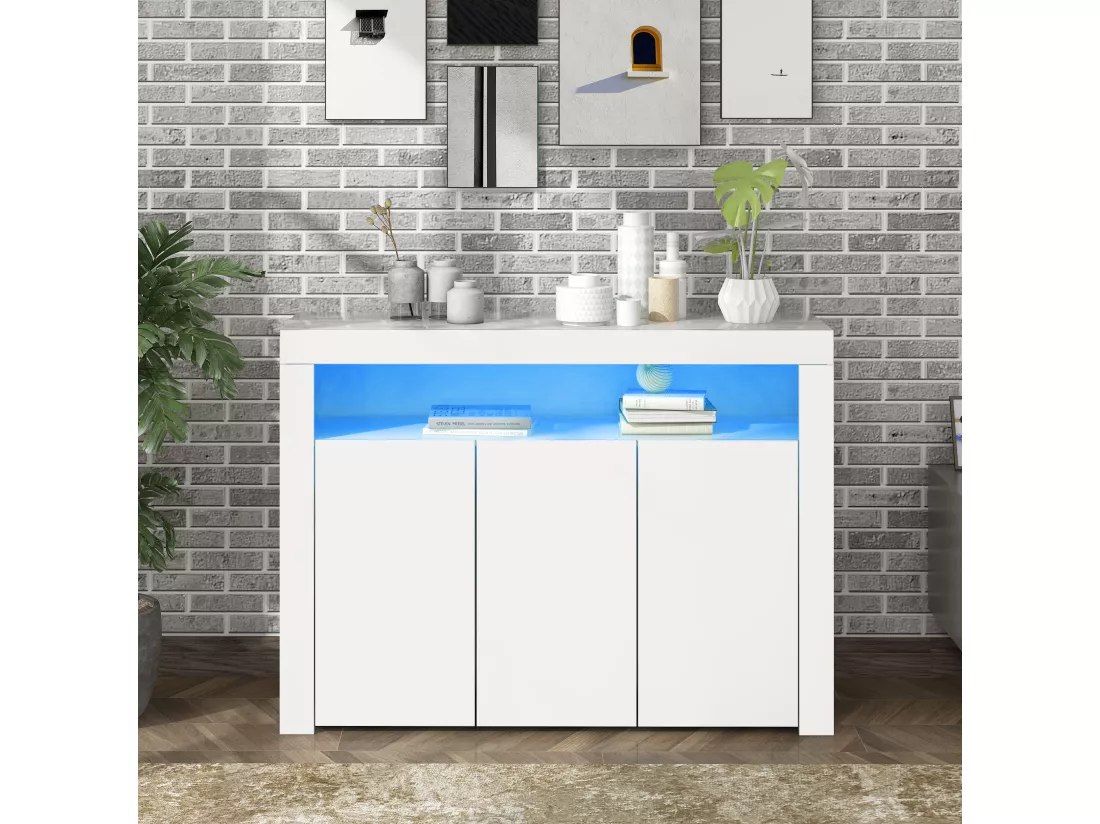 Buffet avec 3 portes et étagère - 130 x 35 x 95 cm - LEDs - Panneaux de particules - Blanc