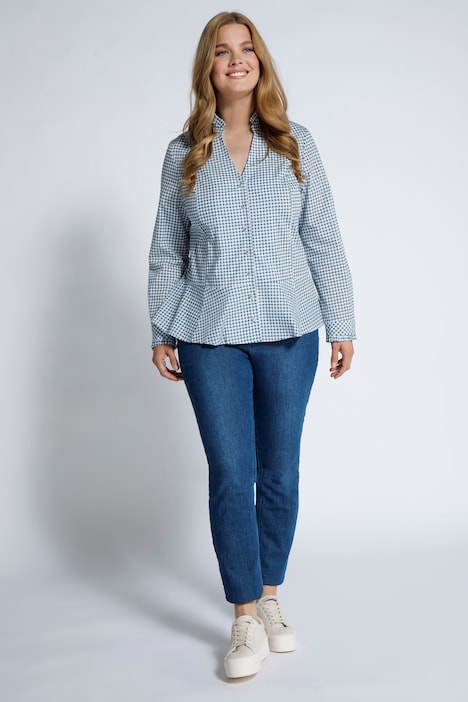 Bluse, Karo, Rüschen, Schößchen, V-Ausschnitt, Langarm