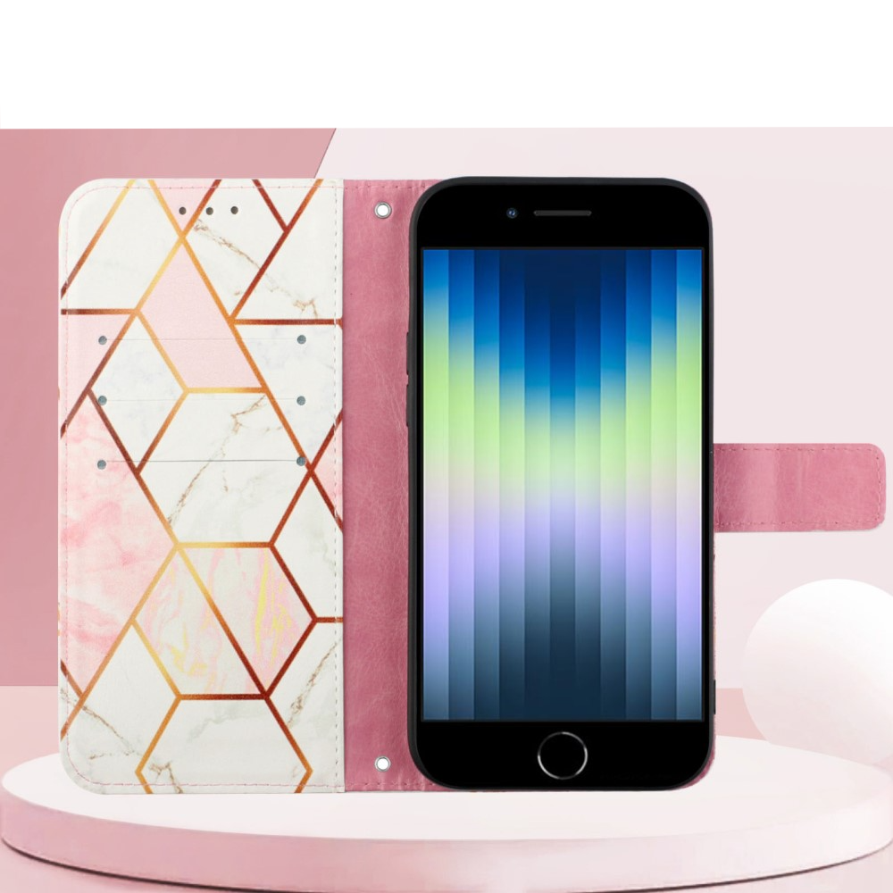 iPhone SE (2022/2020) / 8 / 7 / 6S Leder Tasche mit Kartenfach   Handschlaufe Geometrisches Muster - Rosa / Weiss