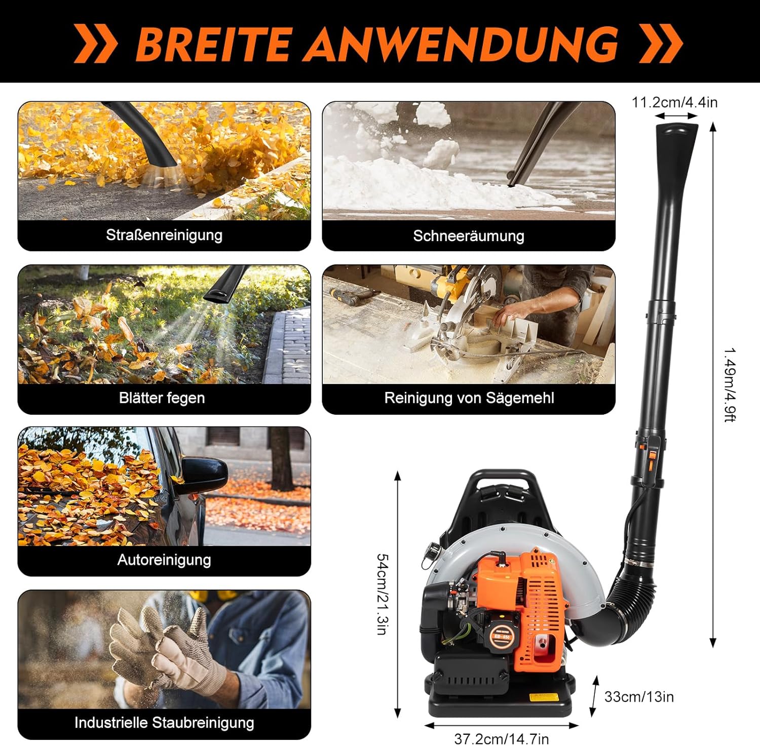 2,7 kW Profi Benzin Laubsauger Rucksack-Laubbläser 65CC 2-Takt Bläser Laubblasgerät Benzinmotor Bläser 108 m³/h Einstellbares Laubgebläse mit hohem Luftstrom für den Außenbereich