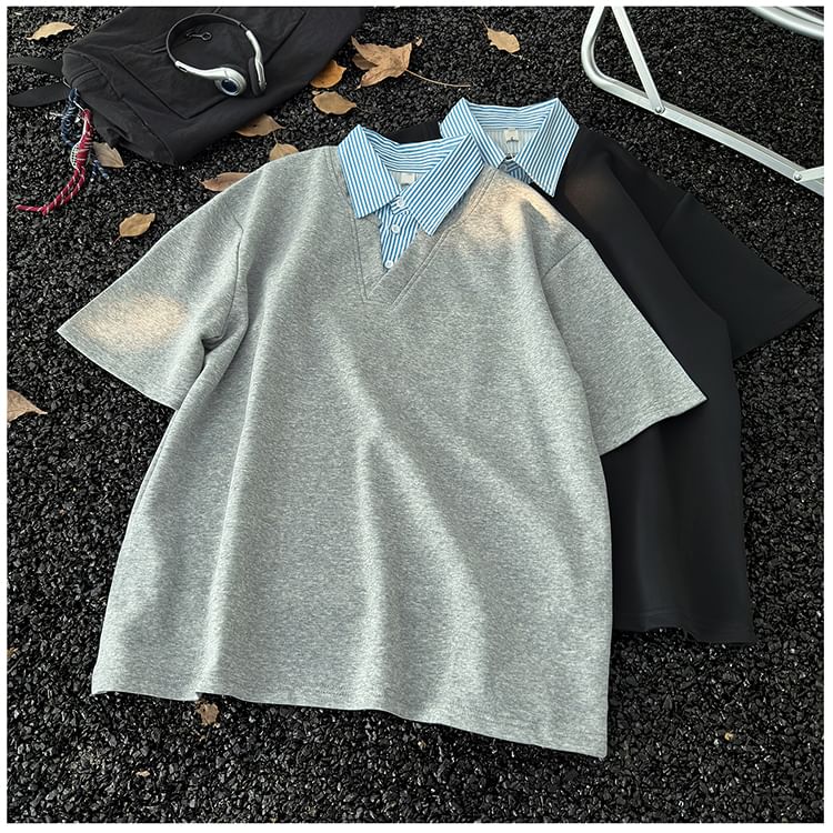 Mimiyox - Mock tweedelig T-shirt met korte mouwen en strepenkraag
