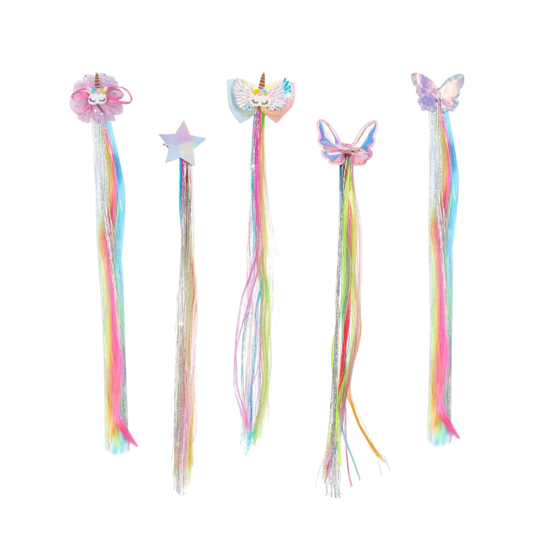 (5er Set) Kunsthaar Kinder Clip Extensions Haar Schmuck Bunte Strähnen Haarspangen - Einhorn / Schmetterling