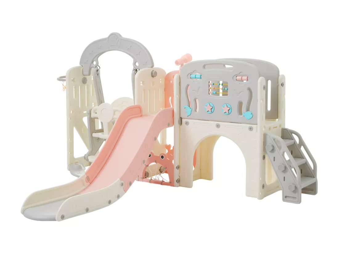 Ensemble balançoire de jeux pour enfants 10 en 1 - 232 x 181 x 116cm - en matériel HDPE - avec panier de basket et télescope - Rose