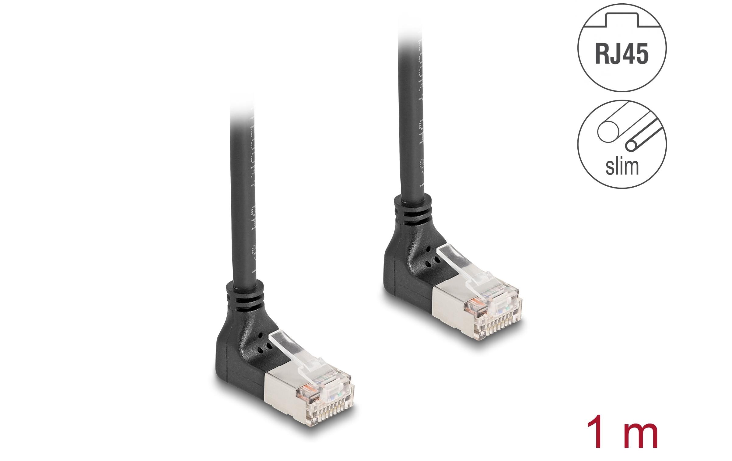 Patchkabel 90° oben gewinkelt Cat 6A, S/FTP, 1 m, SchwarzDelock RJ45 Netzwerkkabel Cat.6A S/FTP Slim 90° oben / oben gewinkelt 1 m schwarz