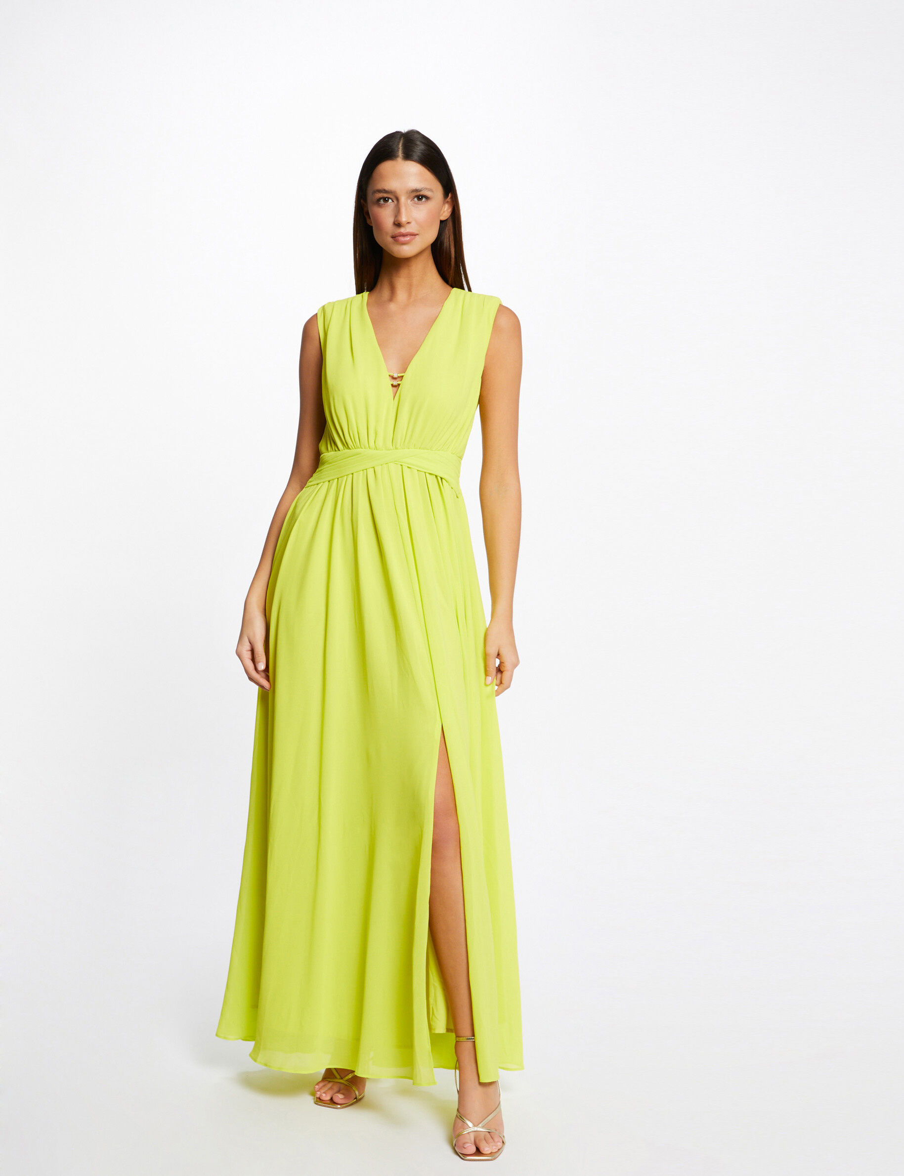 Robe longue évasée fendue anis femme - anis