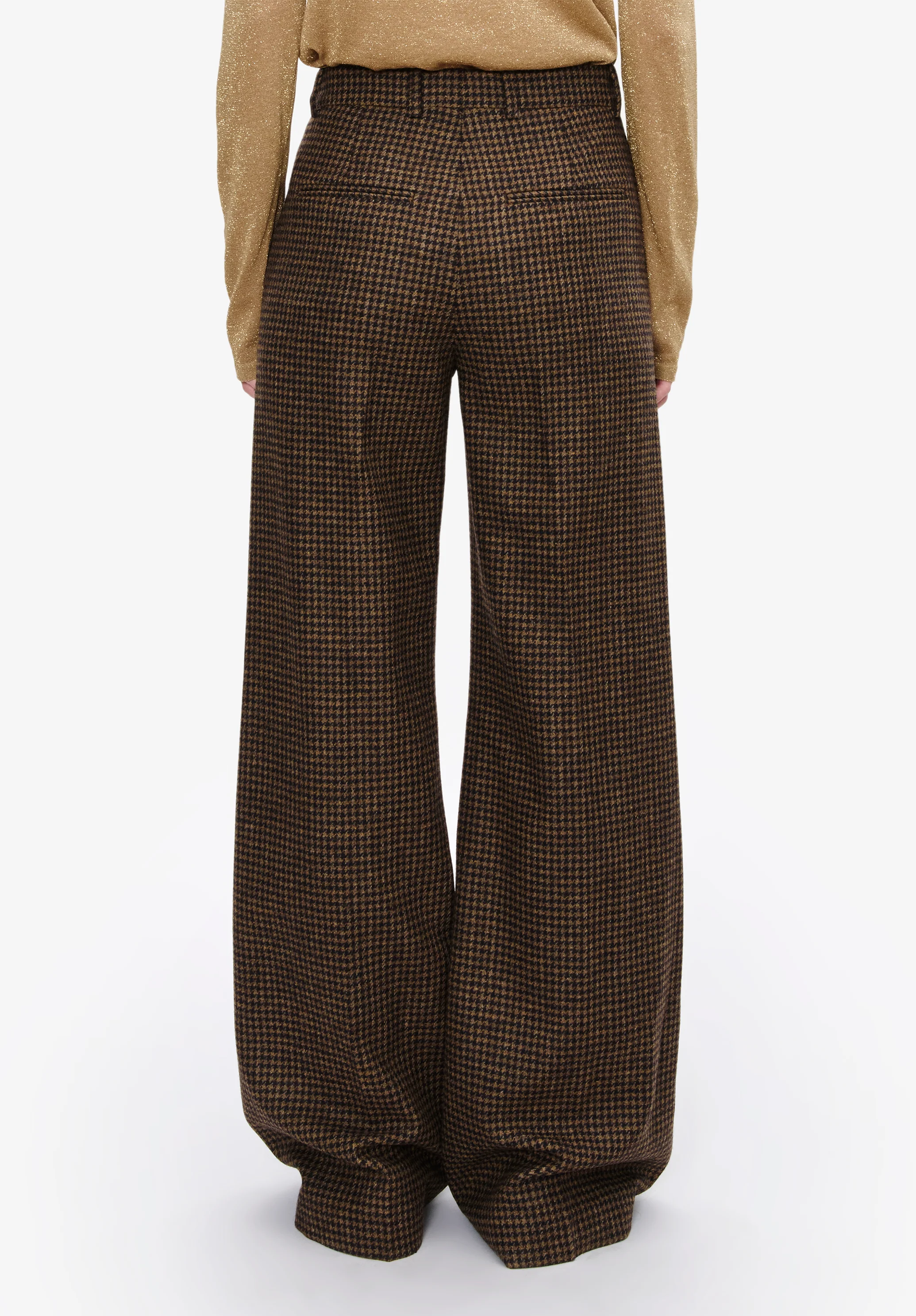 Pantalon pied de poule droit à plis - Noisette