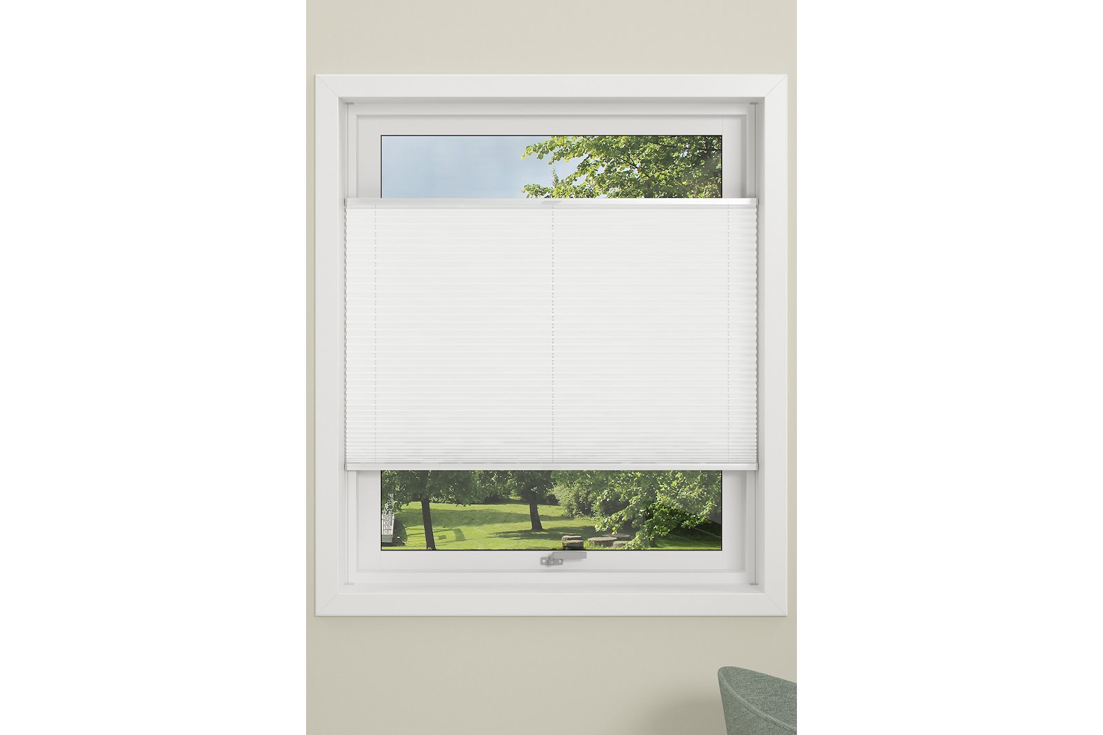 Topbottom plissegardin 60x130 cm. Lysdempende hvitt tekstil.