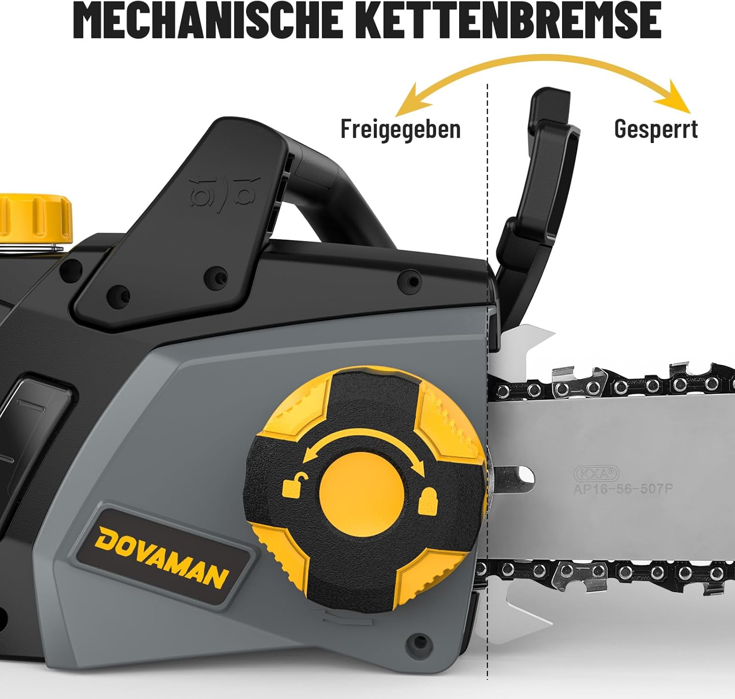 DOVAMAN 2400W Elektro Kettensäge, 40cm Oregon Schwert und Kette, werkzeuglose Kettenspannung, 15m/s, Rückschlagschutz, inkl. 2 Ketten, Kettensäge ideal für Brennholz, Garten und Baumschnitt - DCS01A