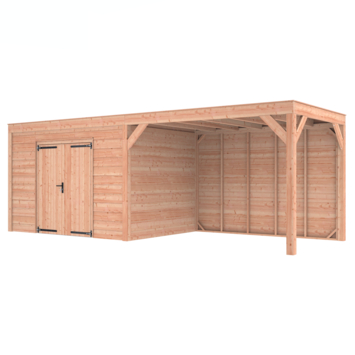 Tuinhuis met overkapping Douglas hout Zweeds rabat onbehandeld 695 x 255 cm