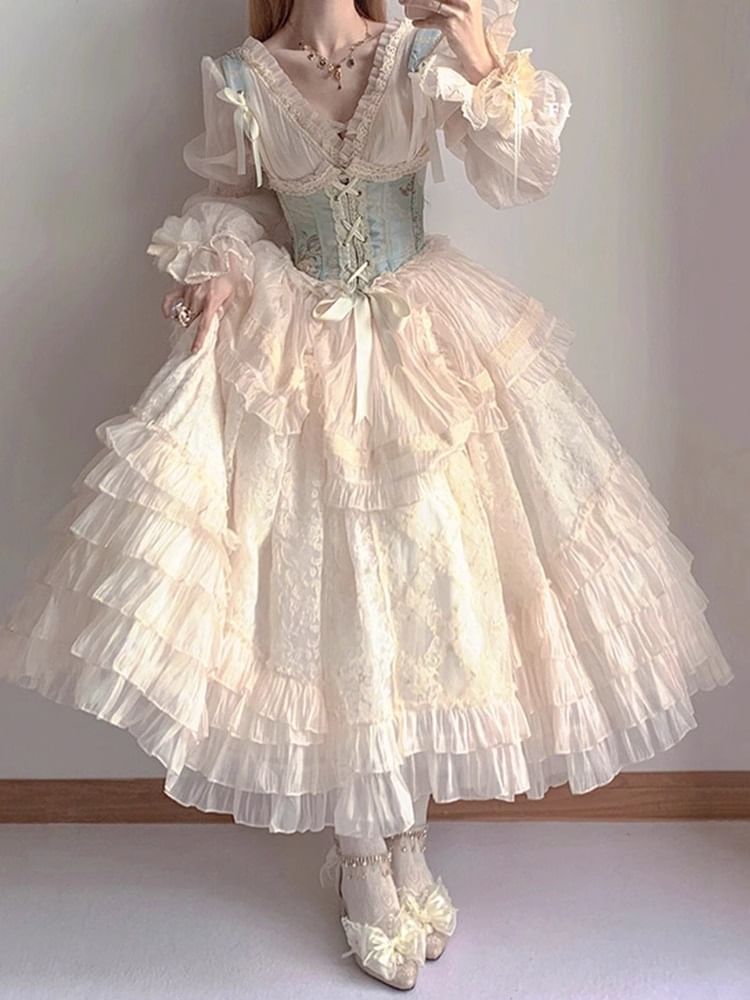 Lolita Smile - Set: Lange mouwen V-hals effen kanten gelaagde maxi A-lijn jurk + bloemenprint veterkorset riem