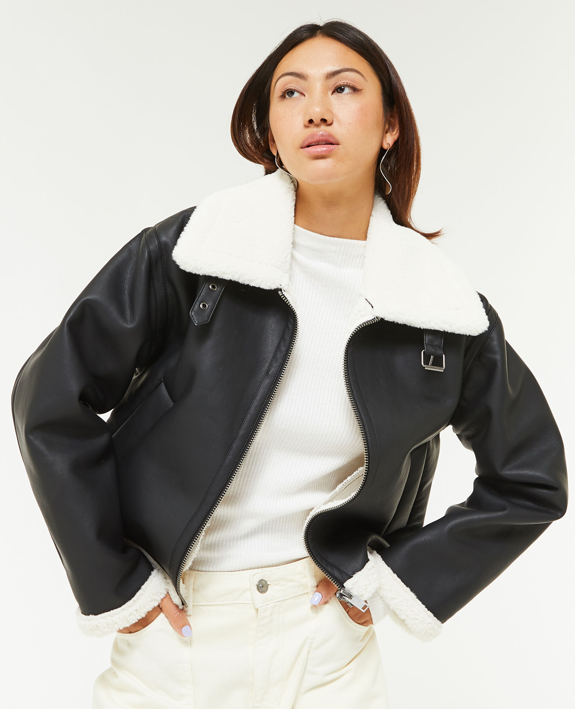 Blouson façon bombardier en simili cuir - Noir