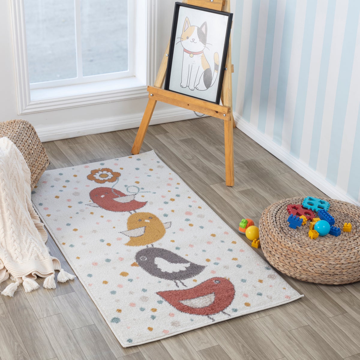 Kinderkleed, vogelmotief, geel/blauw/bruin, 80x150 cm, PIOUPIOU