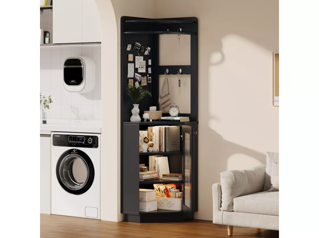 Colonne d'angle de salle de bain - 1 portes et crochets - 45x 45 x 166,5 cm - LEDs - MDF - Noir