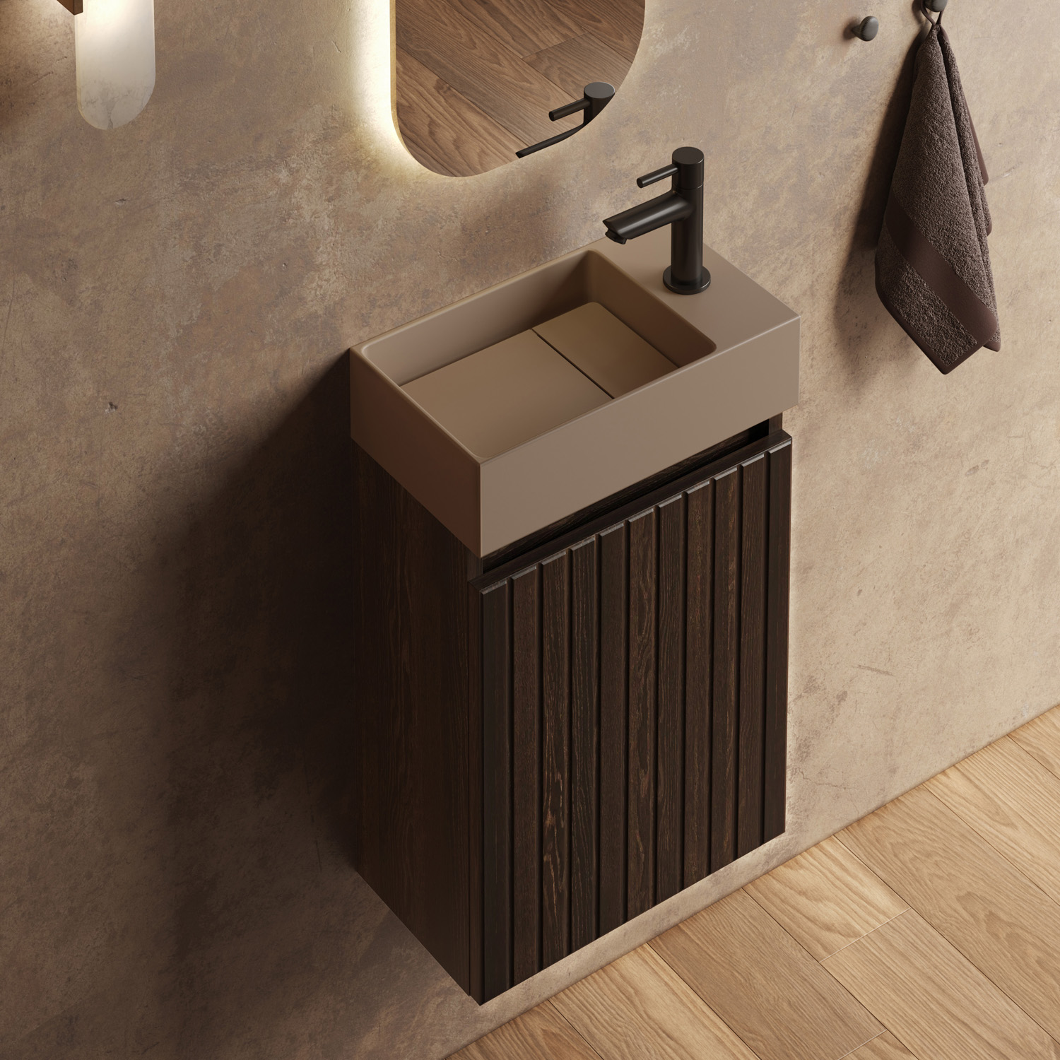 Fontana Itsie toiletmeubel kasteel bruin ribbelfront 40cm met fontein in mat taupe