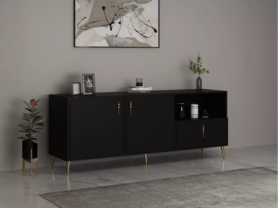 Buffet avec 2 portes, 1 tiroir et 1 niche - Noir et Doré - MAVELYA