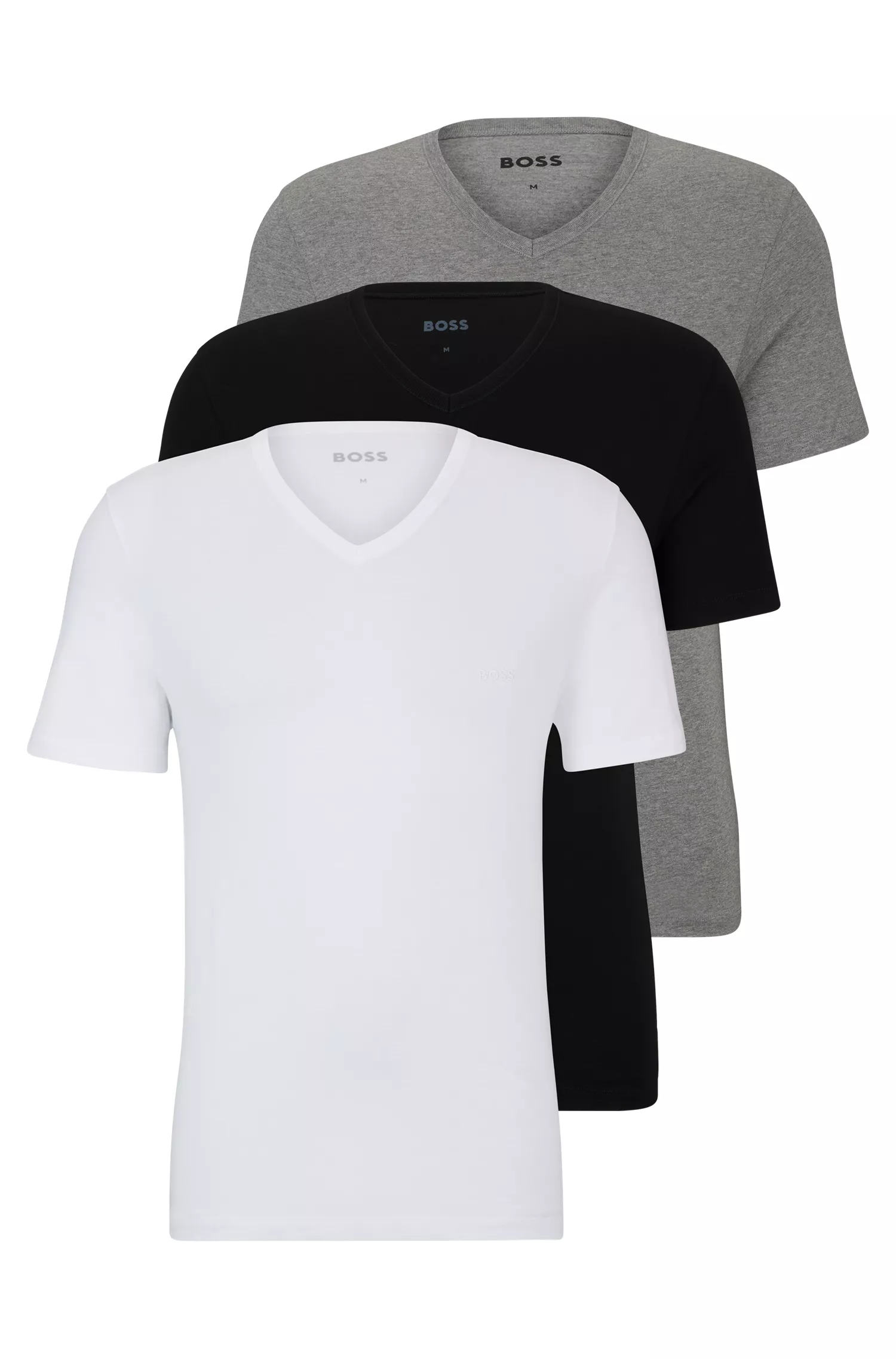 BOSS - Pacote com três camisetas pretas de gola V em malha de algodão