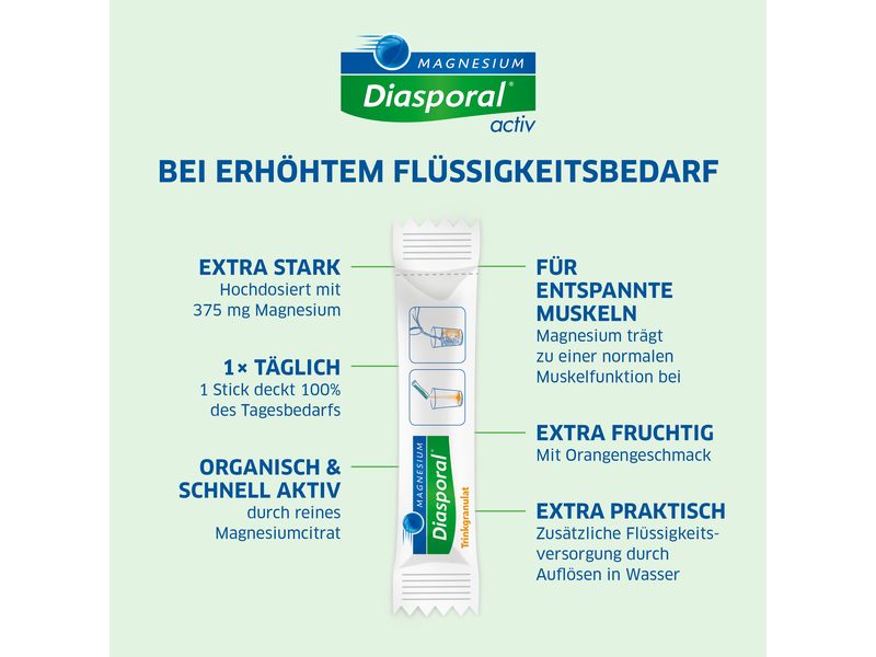 Magnesium Diasporal 375 Activ Orange Trinkgranulat 20 Stick Veganes Magnesium Trinkgranulat