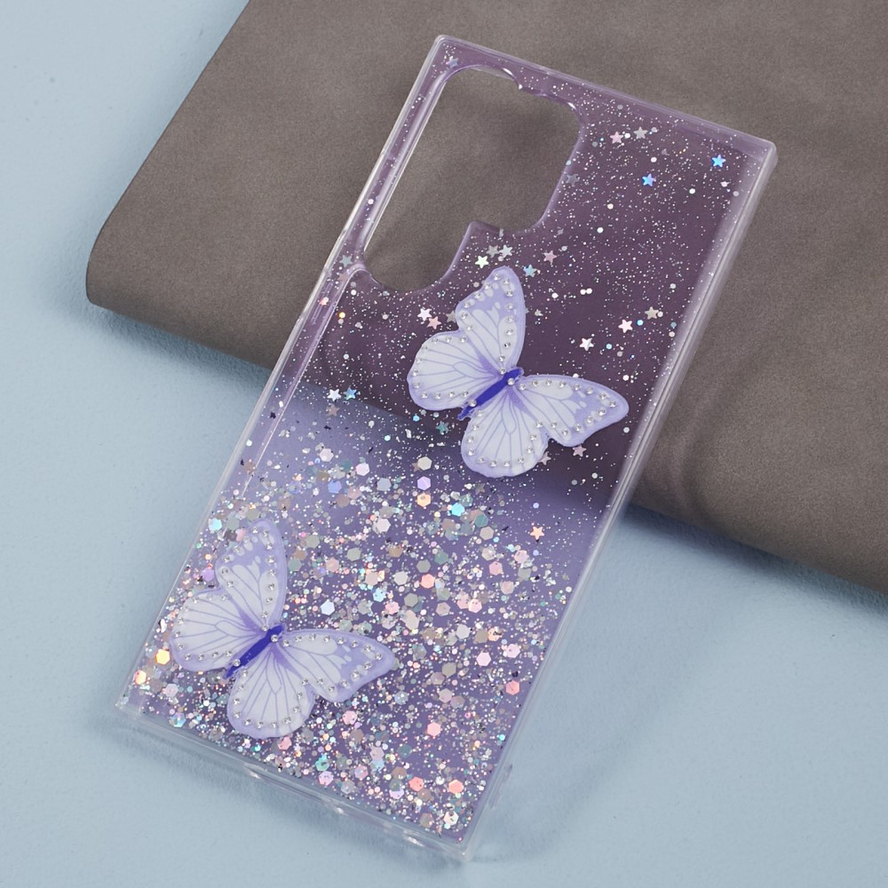 Samsung Galaxy S24 Ultra Hybrid Hardcase Schutzhülle im Glitzer Design Schmetterling - Lila / Transparent