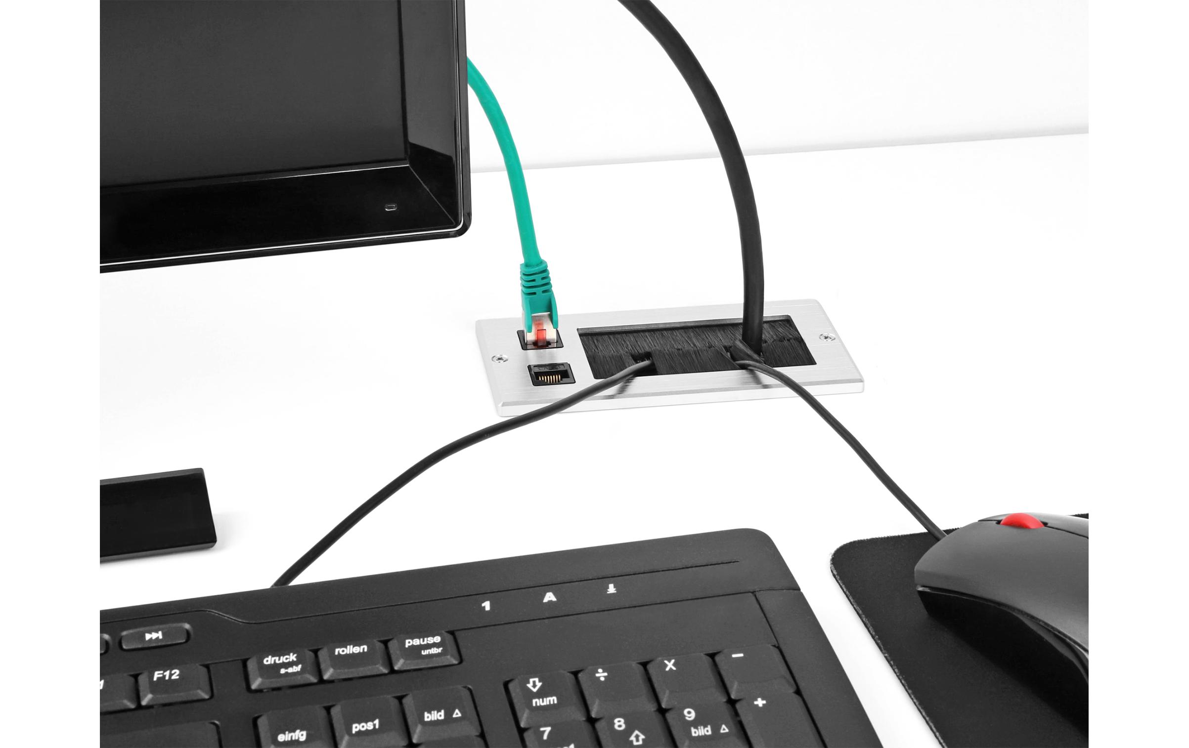 Einbaurahmen mit Bürste und 2 x RJ45 Keystone Modul Cat.6Delock Kabeldurchführung mit Bürste und 2 x RJ45 Keystone Modul Cat.6 Aluminium