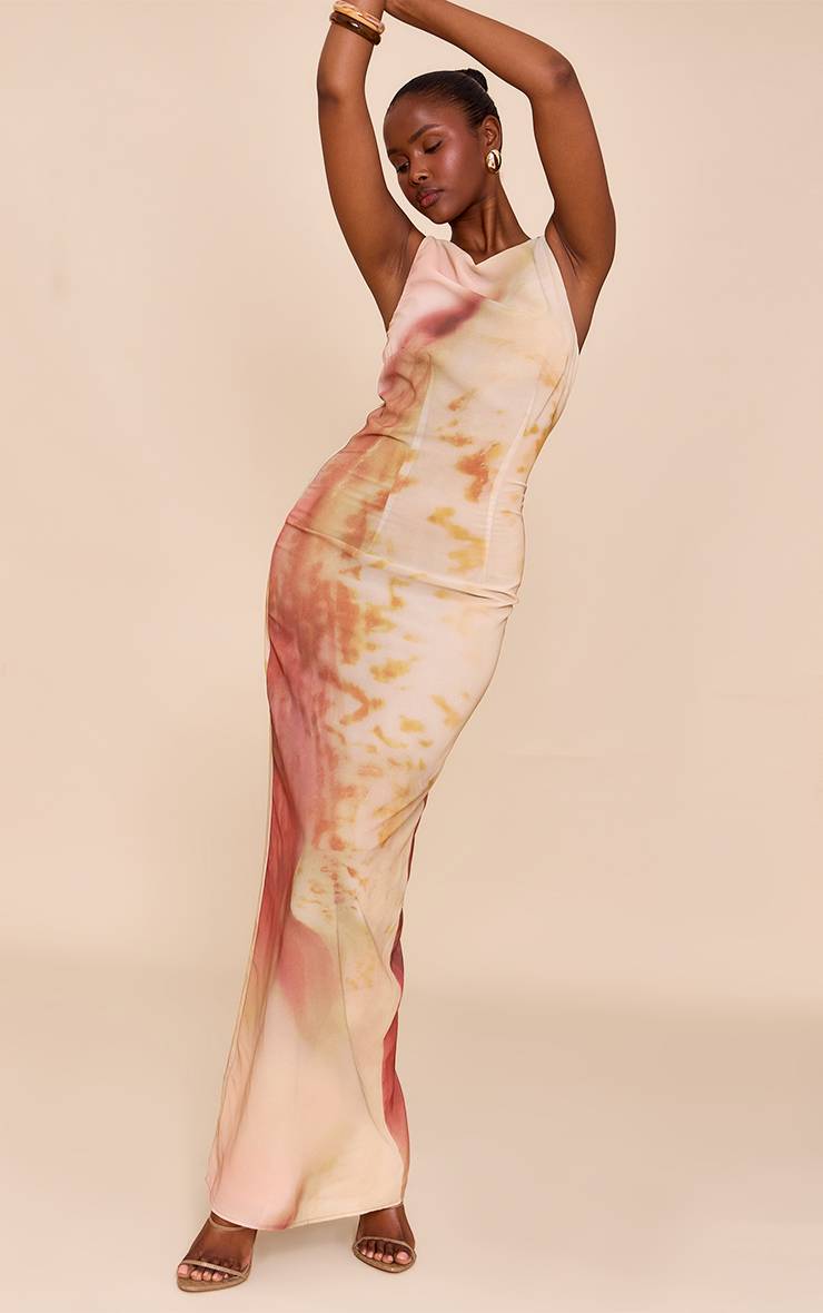 Naturel Robe Longue En Mousseline Imprimée Abstraite