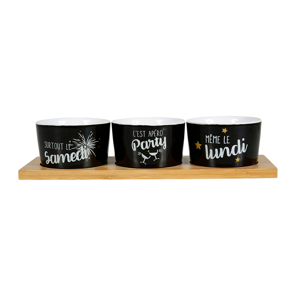 Plateau bois apéro 3 bols noirs et blancs 30x6.5x10.5cm