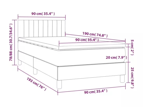 Sommier tapissier et matelas et LED Gris clair 90x190cm Velours