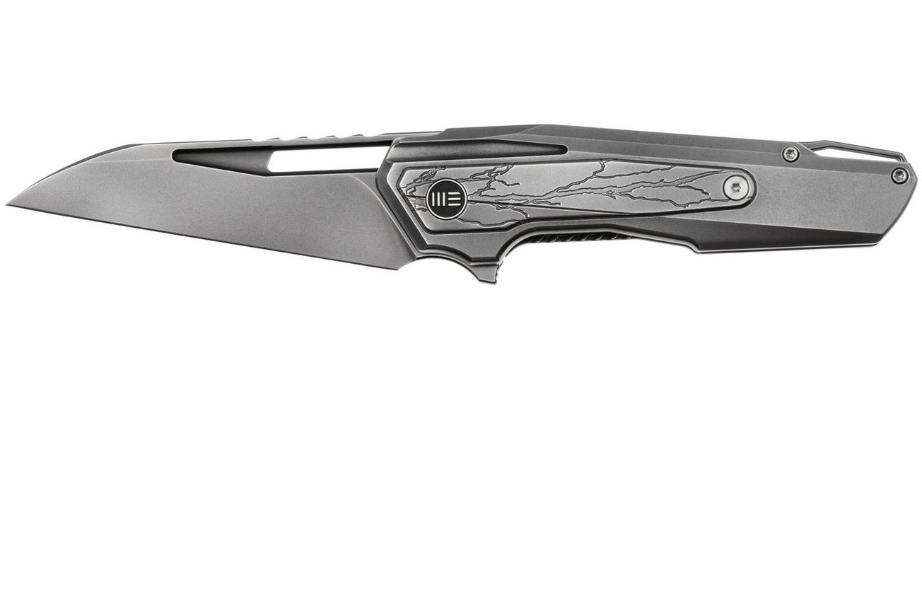 WE Knife Falcaria WE23012B-4 Polished Gray CPM 20CV, Polished Gray Titanium, Etching Pattern Titanium Inlay, zakmes