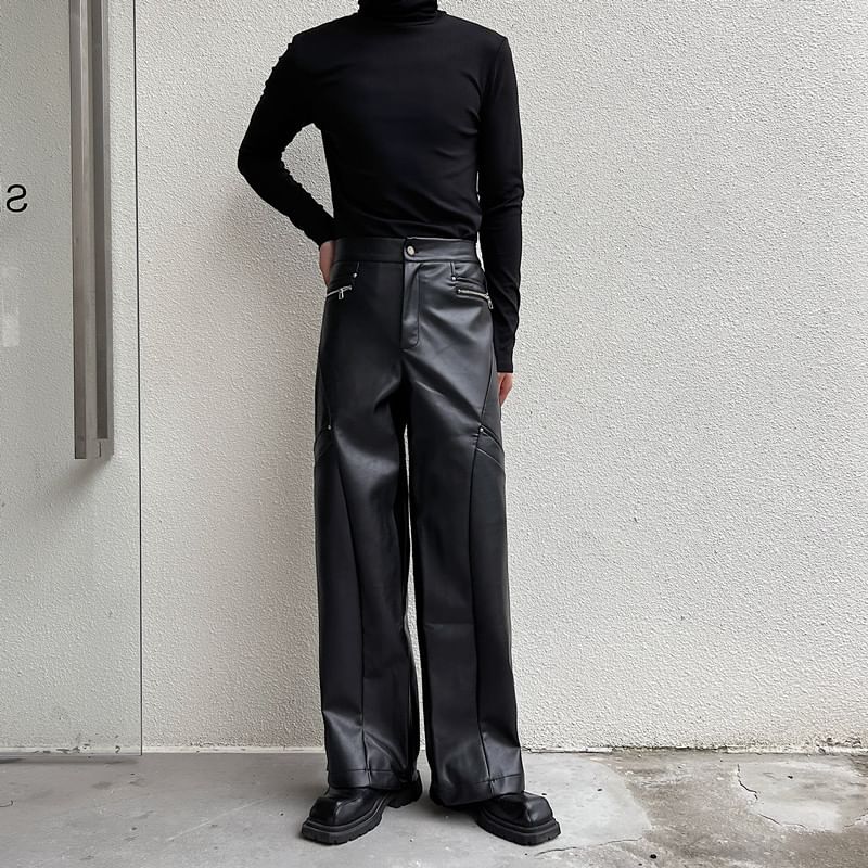 Orungeetun - Mid Rise Plain Faux Leather Wide Leg Pants