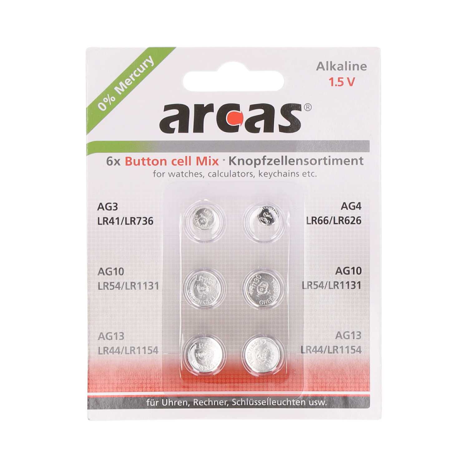 Arcas Knopfzellen-Sortiment Alkaline 1,5 V 6er