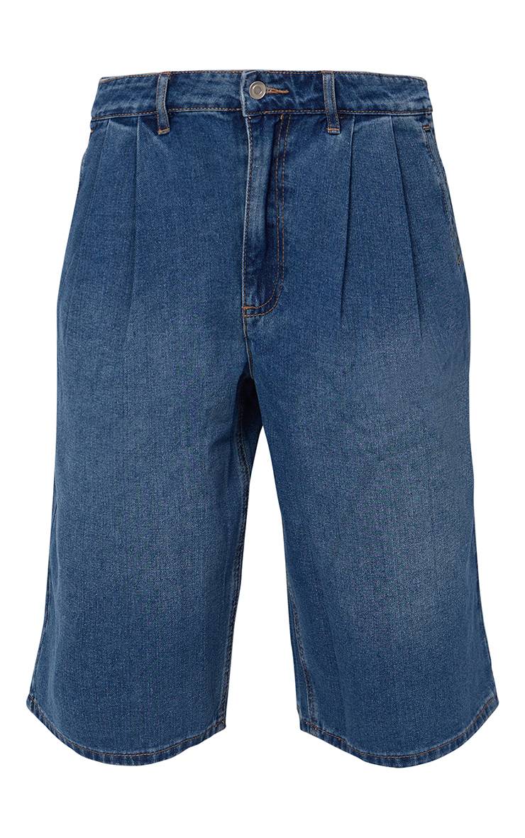 Mid Blue Wash Short En Jean Avec Détail Plissé