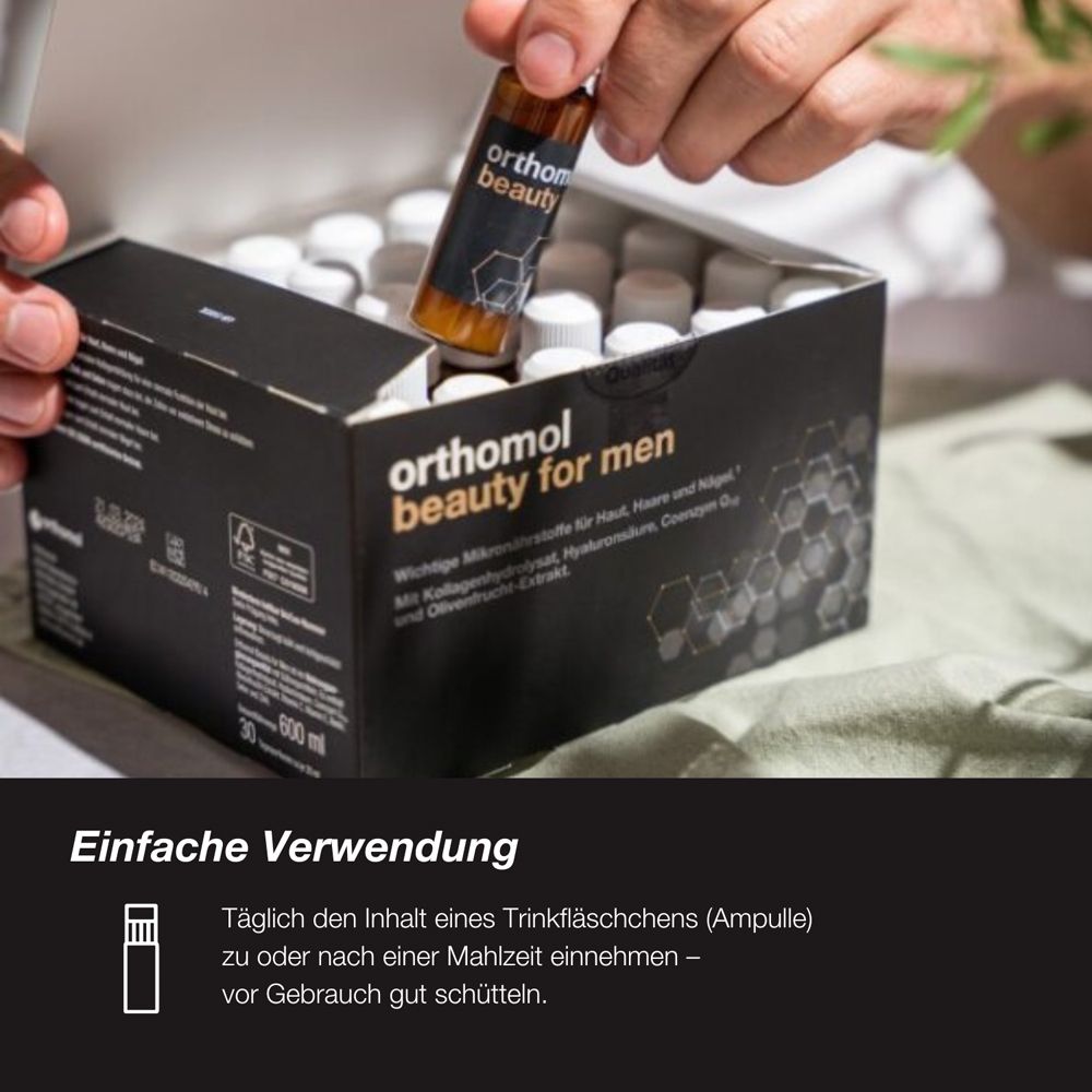 Orthomol Beauty for Men - für Haut, Haare und Nägel, mit Hyaluronsäure, Kollagen und Coenzym Q10 - Trinkampullen