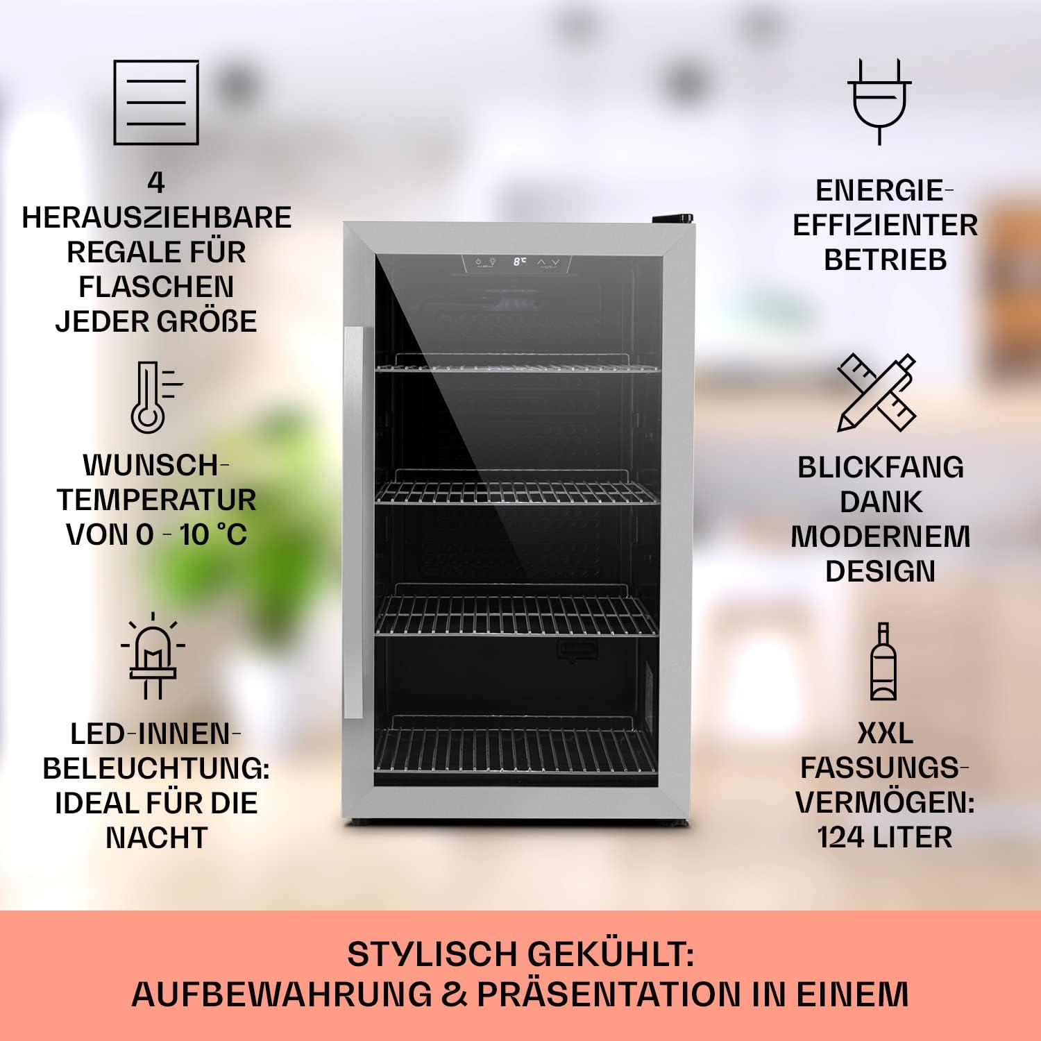 Klarstein Mini Kühlschrank mit Glastür, Mini-Kühlschrank für Zimmer, Getränkekühlschrank Klein mit Verstellbaren Ablagen, Kleiner Kühlschrank 124 L, Indoor/Outdoor Kühlschrank Leise
