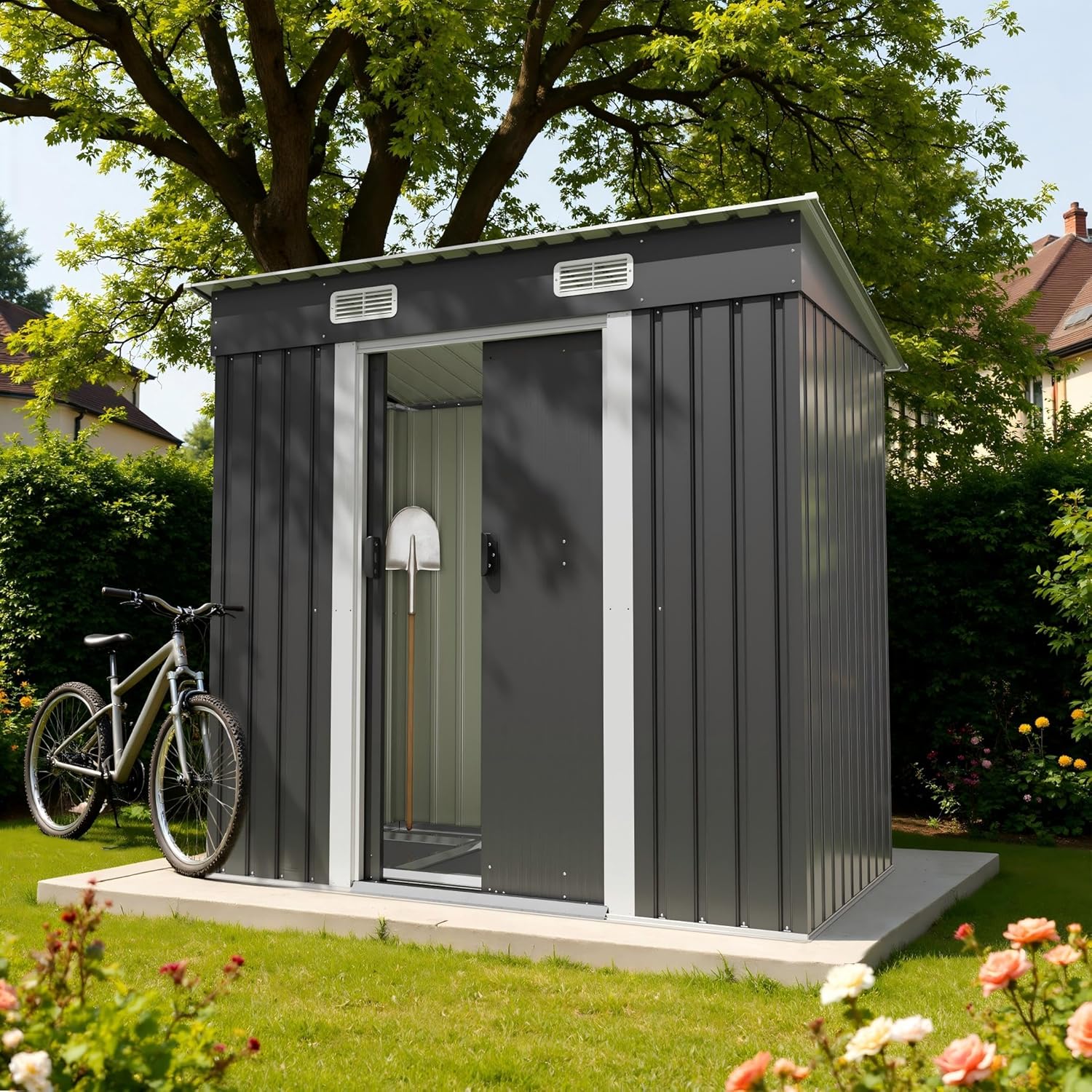 Devoko Metall Geräteschuppen 183x109x182cm mit Fundament, 3.6m³ Gerätehaus mit Pultdach und Schiebetür, Outdoor, Wetterfest, Gartenschuppen für Fahrrad,Terrasse, Rasen, Anthrazit