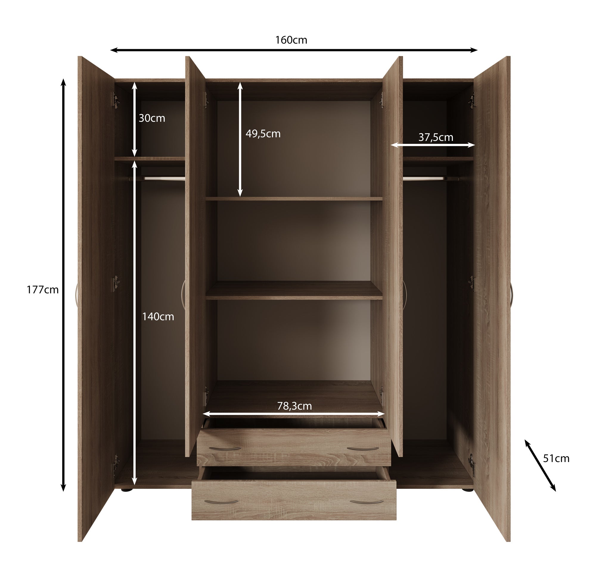 Serra - Kledingkast 4-deurs - Wit/licht eiken - 160x51x177 cm