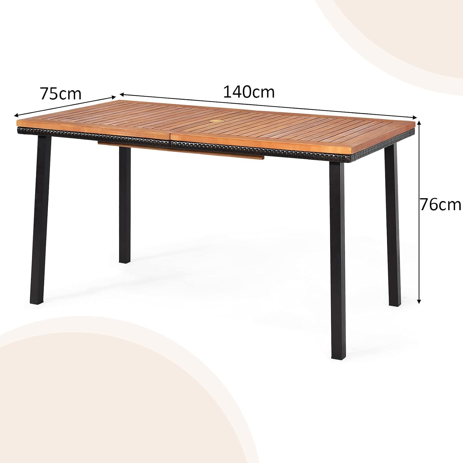 COSTWAY Gartentisch mit Schirmloch, 140x75x76cm, Esstisch für 6-8 Personen, Terrassentisch mit Tischplatte aus Akazienholz, rechteckiger Holztisch mit Metallrahmen