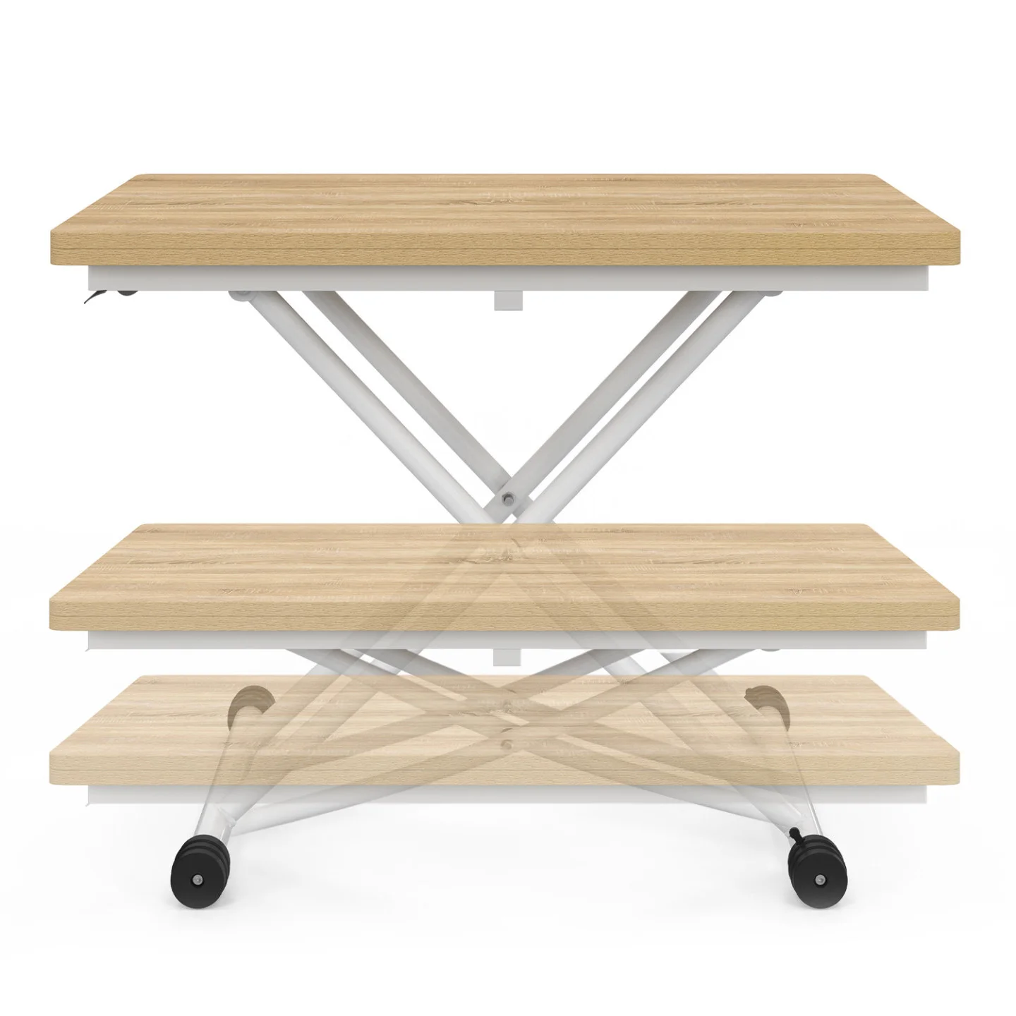 Table basse 2-en-1 relevable en table à manger 6-8 personnes plateau portefeuille URBANA plateau façon hêtre pied blanc