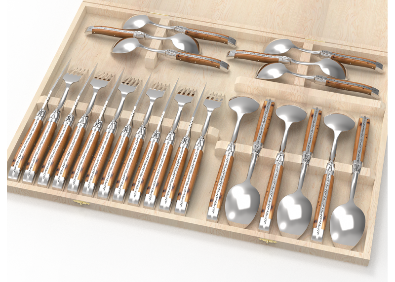 Service Laguiole de 24 pièces avec un manche en bois de genévrier et mitres en acier inoxydable