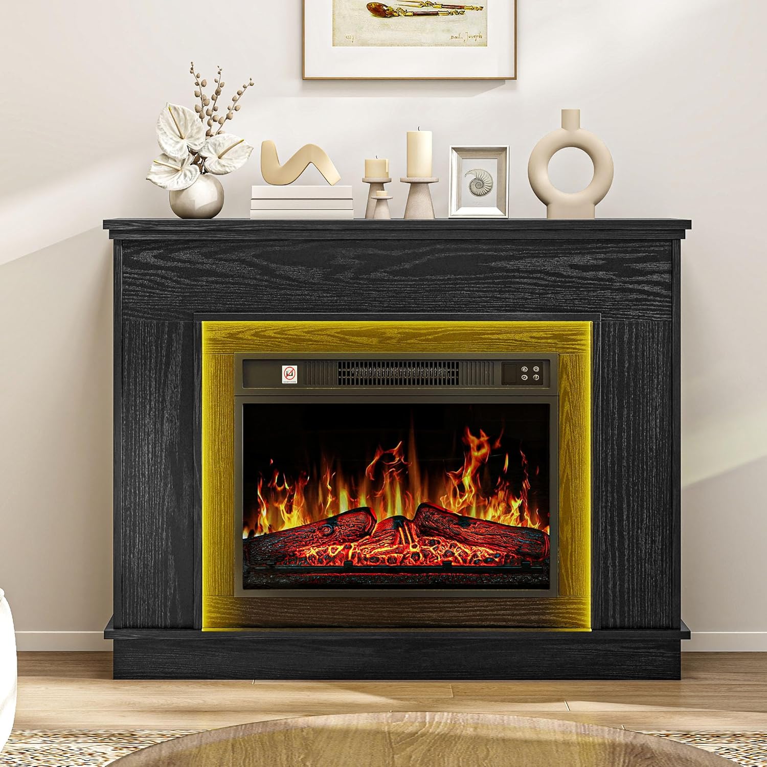 TAUS Elektrokamin mit Heizung, Elektro Kamin mit LED 3D-Flammeneffekt Elektrischer Kamin Standkamin mit LED-Ambientelicht, Timer, Thermostat, Fernbedienung (Schwarz)