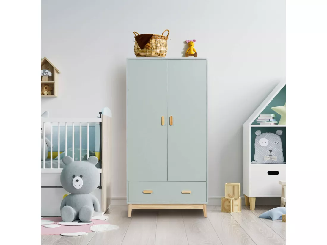 Armoire Mobili Rebecca Kala 175x80x55 MDF Pin Vert d'Eau Marron Scandinave À Monter