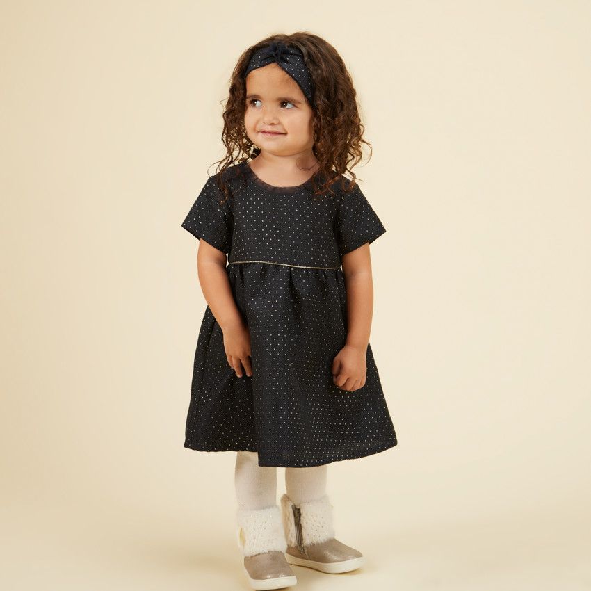 Ensemble robe de fête en jacquard + bandeau pour bébé fille - Bleu marine