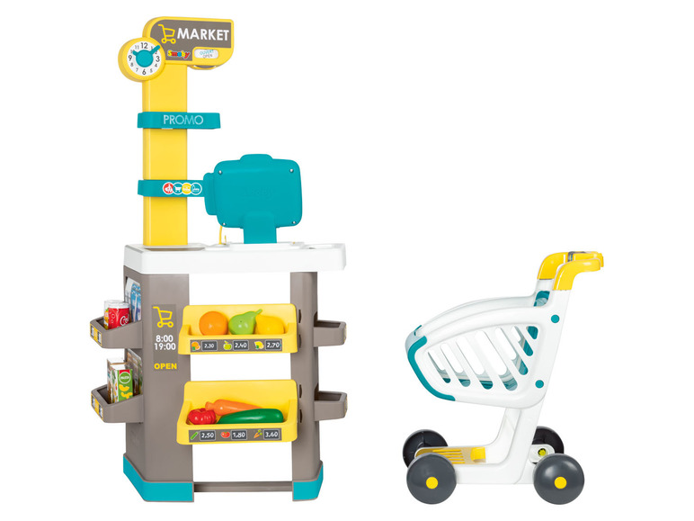 Supermarkt, met winkelwagen en kassa