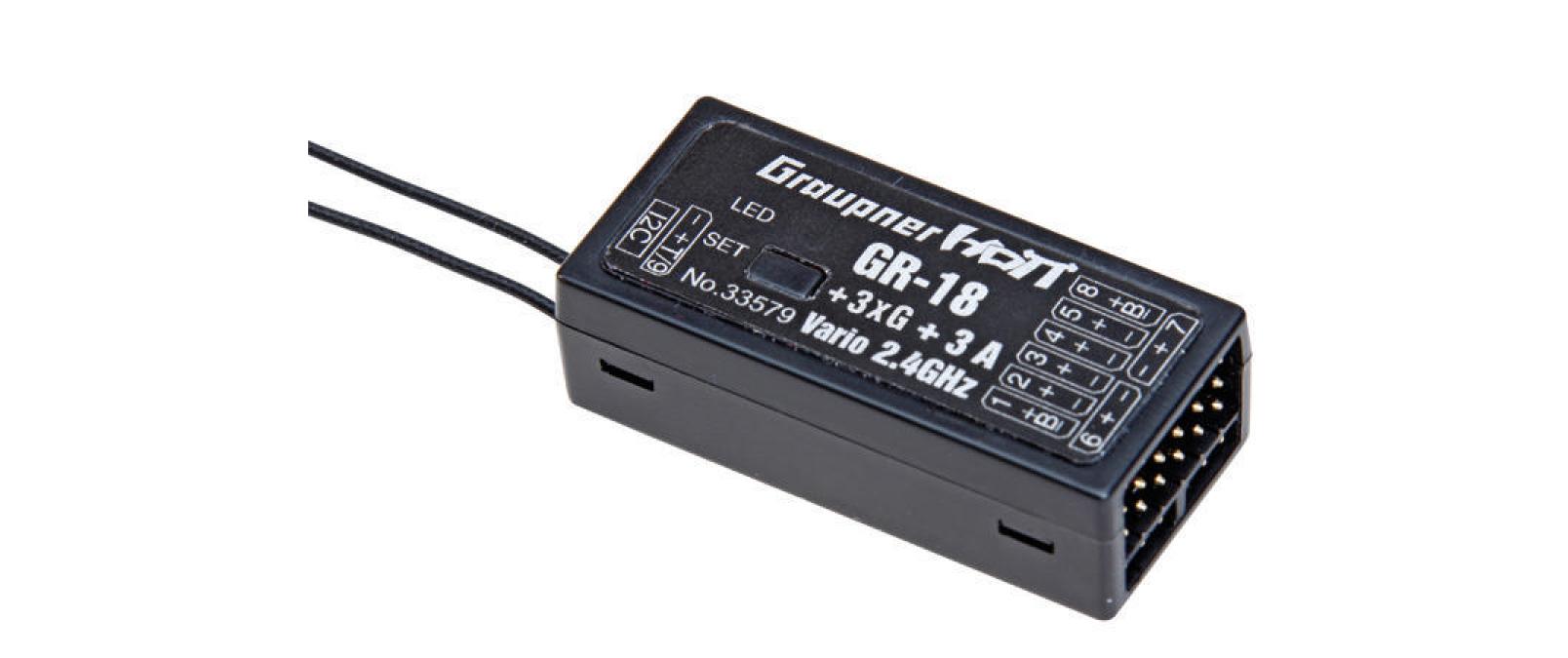 GR-18 +3xG +3A +Vario HoTT 3-Achs Gyro + A-Meter + Vario<br>9-Kanal-Empfänger für Flugzeuge und Helis