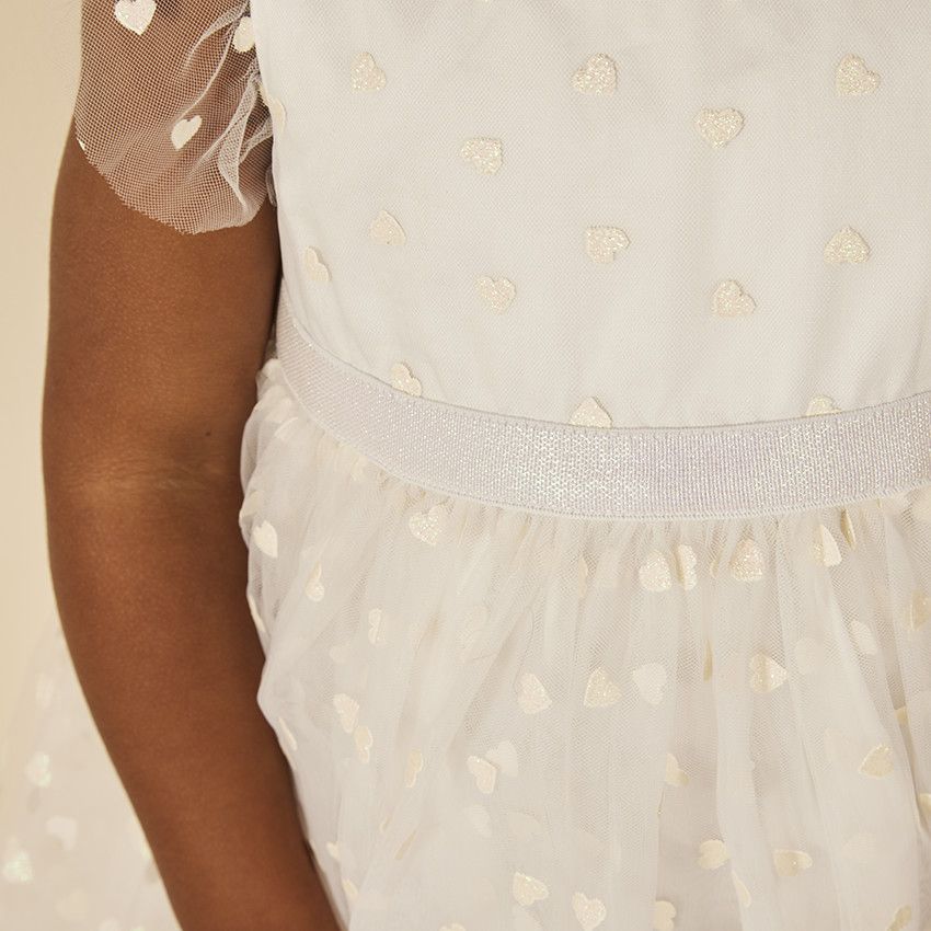 Robe de cérémonie en tulle imprimé cœurs pailletés pour bébé fille - Ecru